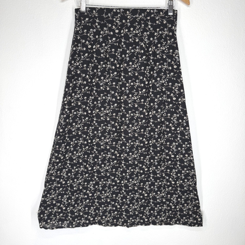Vintage Black Ditsy Floral Rayon Midi Skirt Small Flowy Prairie Country 90s Boho